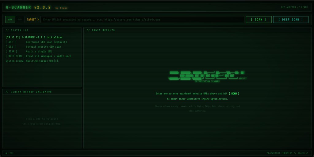 G-SCANNER v2.3.2 retro terminal interface showing GEO audit results